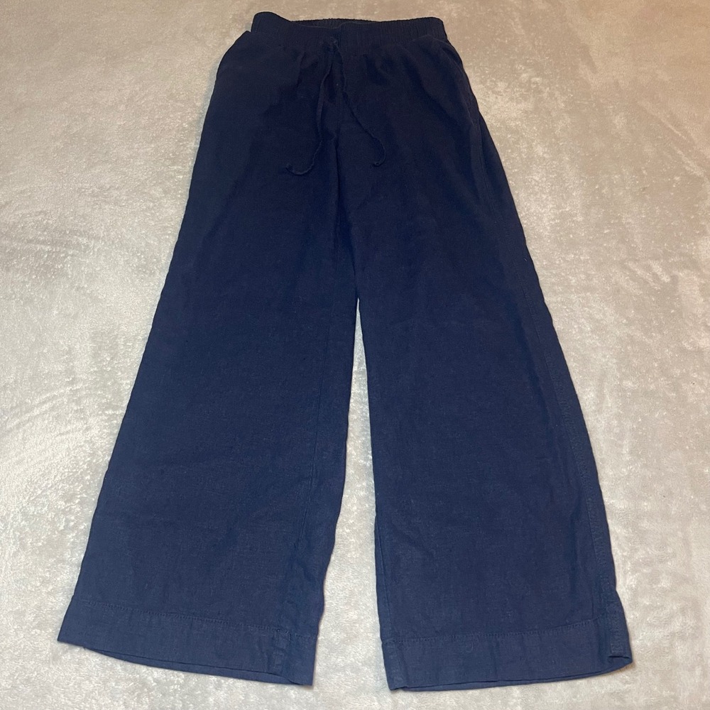 Briggs Pants Womens XS Navy Blue Linen Blend Wide Leg Drawstring Elastic Waist